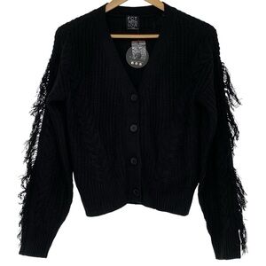 FCT with Love Black Button Front Cardigan Sweater with Fringed Sleeves - NWT